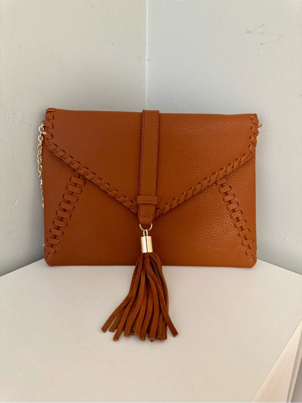 Moda Luxe Cognac Brown Whipstitch Tassel Envelope Crossbody Clutch
